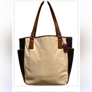 Coach Park Metro Leather Tote bag in a cream, navy, and brown color block F23683